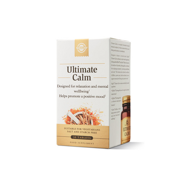 Solgar Ultimate Calm 30 Tablets is a food supplement with Ashwagandha KSM-66 and Saffron, formulated for stress relief, relaxation, and mental well-being; suitable for vegetarians.
